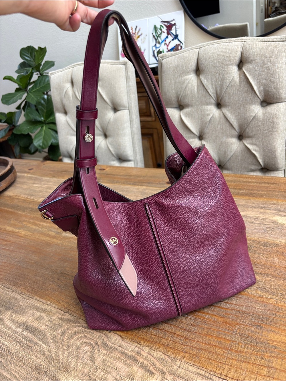 Michael Kors Pebbled Leather Shoulder Bag in Burgandy and Blush